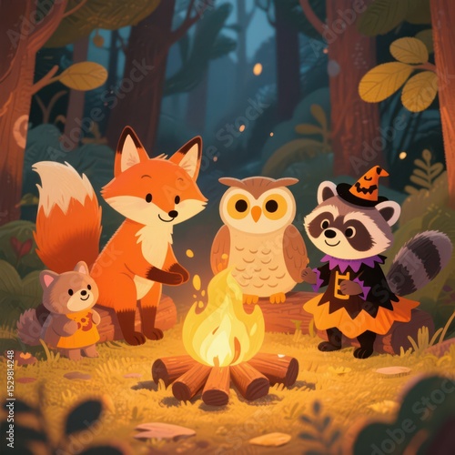 Wallpaper Mural A heartwarming illustration of a fox, owl, raccoon in a witch's hat, and squirrel gathered around a cozy campfire in an enchanting forest, sharing stories and warmth under the night sky Torontodigital.ca