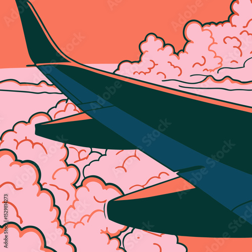 Airplane wing view through clouds on a peach colored sky