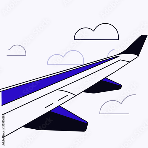 Airplane wing with flaps extended flying through the clouds