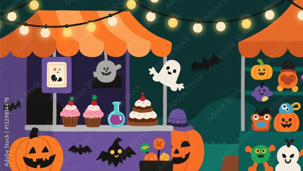 Obraz premium Whimsical Halloween Market Scene with Ghosts, Pumpkins, and Treats under Glowing Lights creating a festive autumn atmosphere celebration