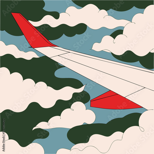 Airplane wing view through clouds in a stylized design