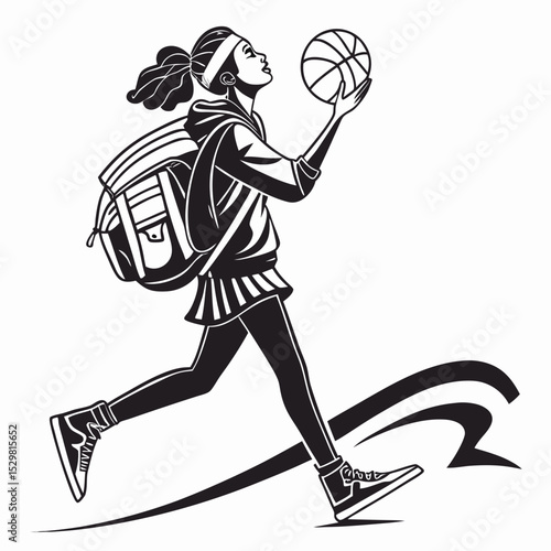 Girl student athlete running with basketball backpack