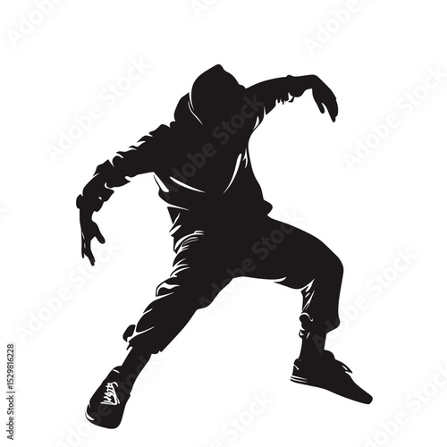 Dynamic breakdancer silhouette in action on white background for street art and event promotion
