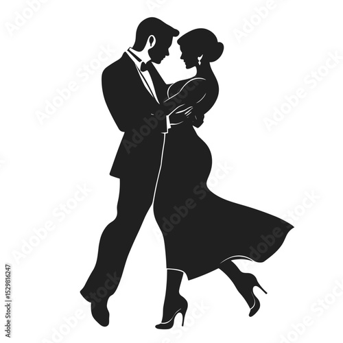 Elegant dancing couple silhouette in formal attire on white background for wedding decorations
