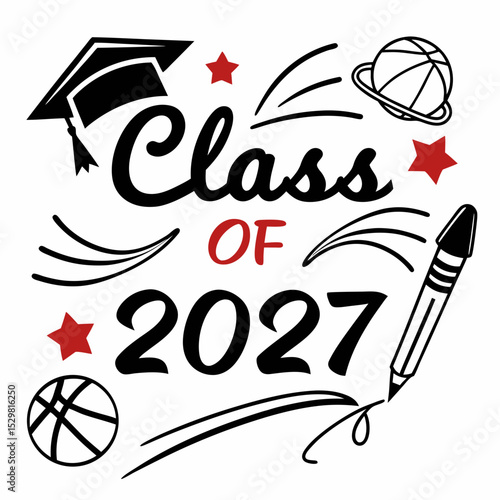 Class of 2027 graduation design with school supplies and stars