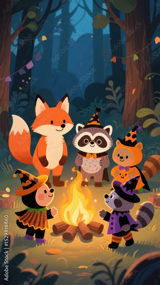 Fototapeta premium A whimsical Halloween night in the woods with cute animals gathered around a campfire wearing costumes and party hats, surrounded by festive bunting decorations in an illustration style