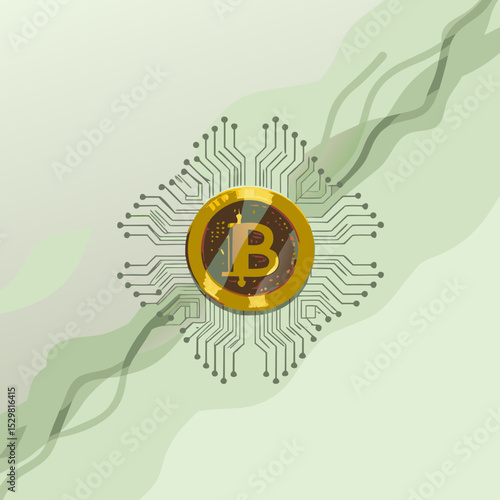 Bitcoin coin surrounded by circuit board on light green