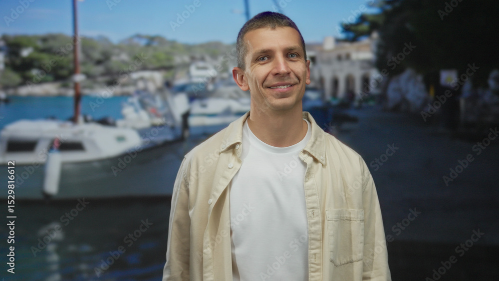 Obraz premium Man smiling outdoors at a seaside port with boats and a sunny backdrop indicating a peaceful environment.