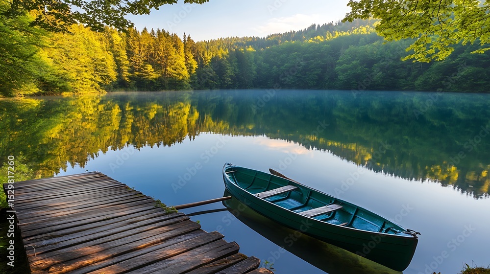 A tranquil forest lake with a small wooden dock and a rowboat tied to it A tranquil forest lake with a small wooden dock and a rowboat tied to it