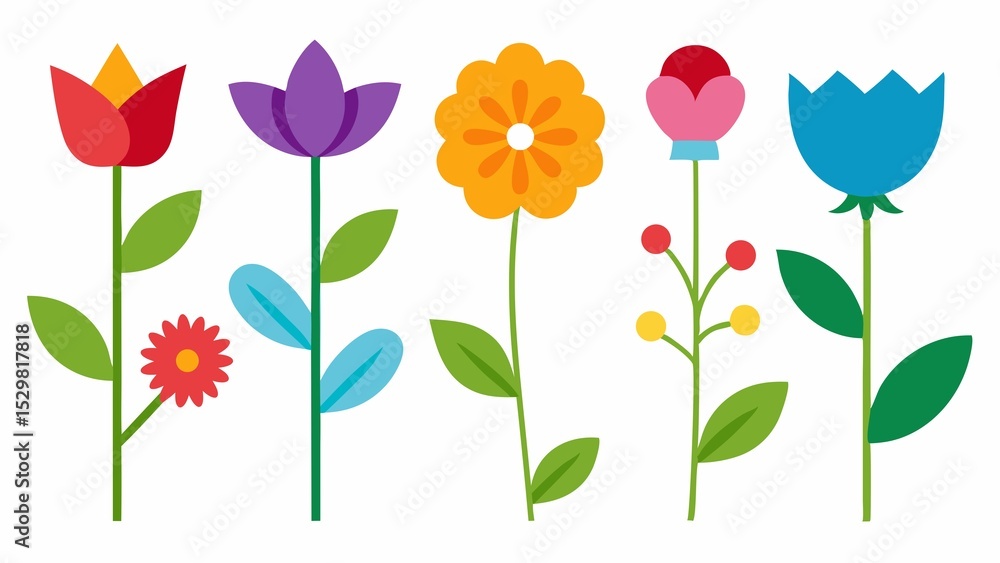 Five colorful geometric flowers on white background perfect for spring and summer designs or educational materials Five colorful geometric flowers on white background perfect for spring and summer designs or educational materials
