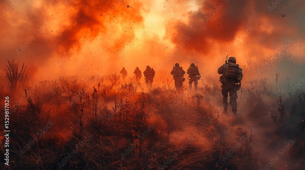 Fototapeta premium A powerful image of soldiers advancing through clouds of smoke in a battlefield setting, evoking strong emotions of bravery, conflict, and the human condition during war.
