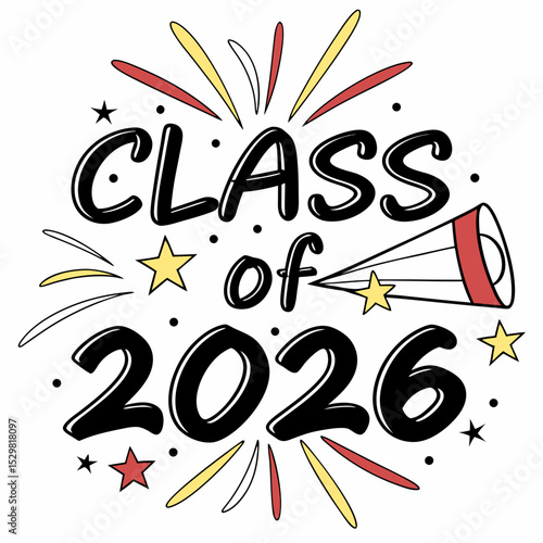 Class of 2026 graduation announcement design with stars and megaphone