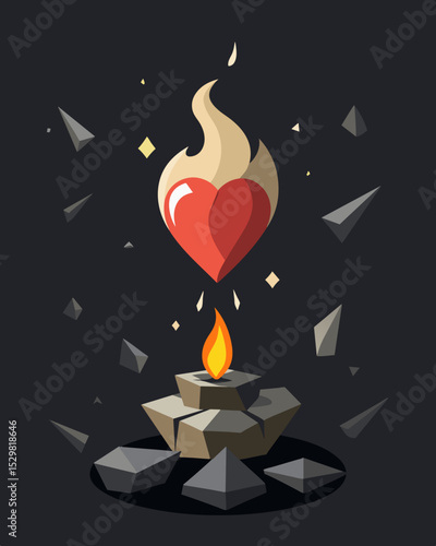 Amidst the debris of a broken heart a small gaslight flame still glimmered with hope.. Vector illustration
