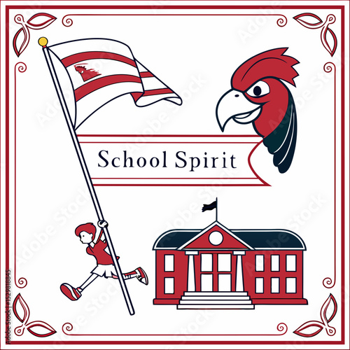 School spirit illustration featuring mascot flag and building