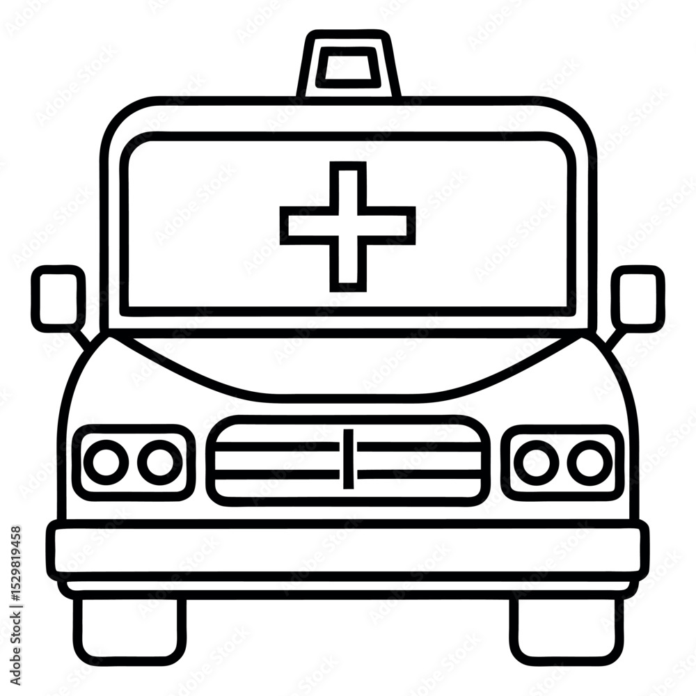 Obraz premium Line Art Black and White Ambulance Front View Medical Vehicle