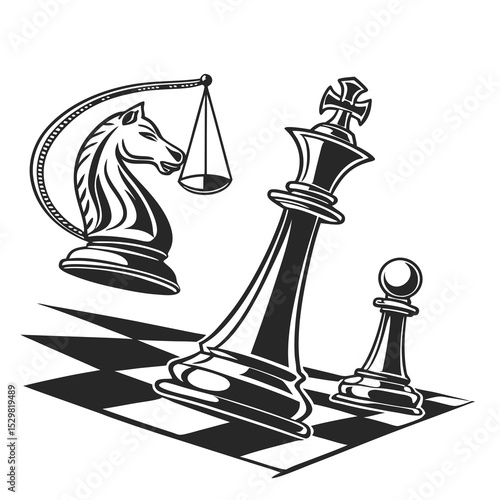 Fallen king chess piece justice scales knight checkmate game strategy
