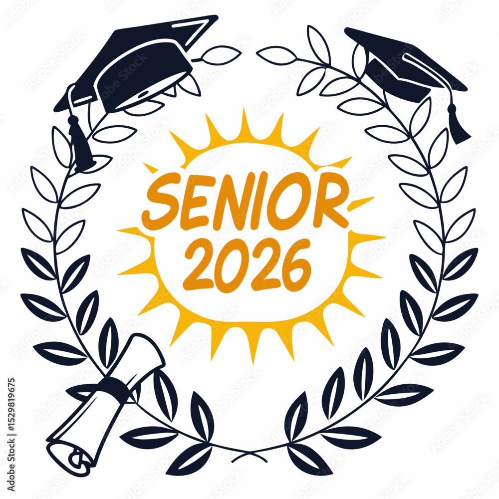 Obraz premium Senior 2026 graduation design with laurel wreath and caps