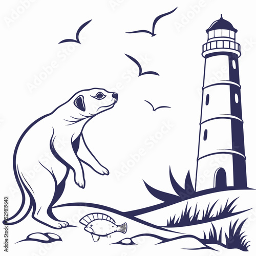 Meerkat by the lighthouse seascape coastal wildlife illustration