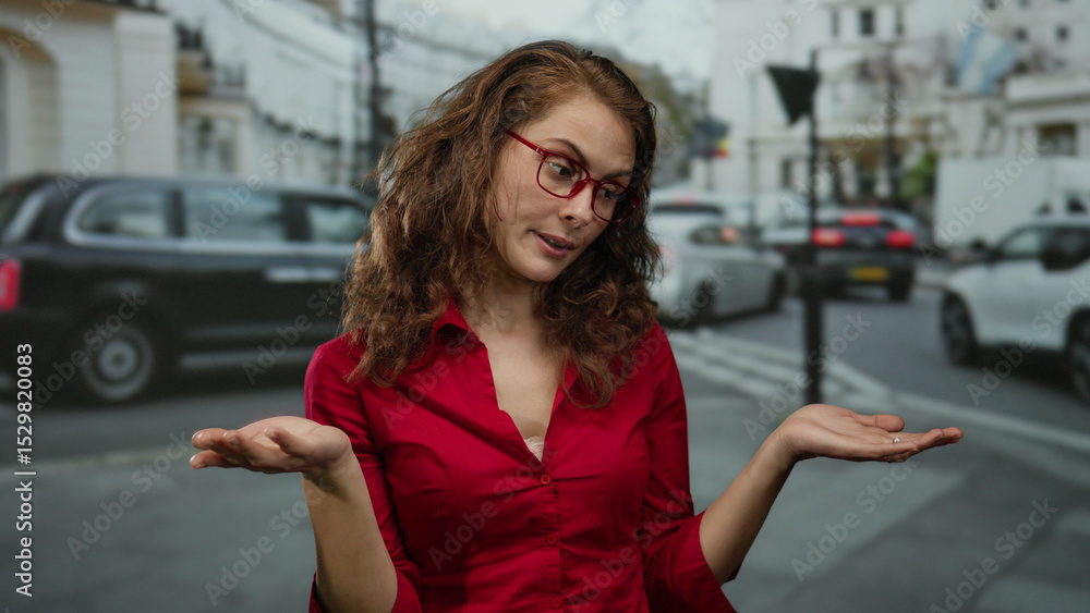 Fototapeta premium Woman with red hair and glasses wearing a red shirt stands on a busy city street in london, holding her hand out with a thoughtful expression amidst moving traffic.