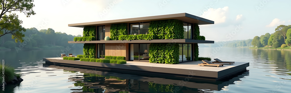 Fototapeta premium floating river hotel featuring vertical vegetable gardens minimalist scandinavian style photorealistic