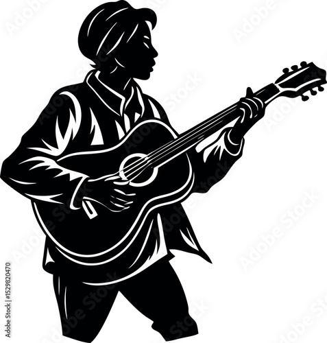 Silhouette of a person playing guitar on white background