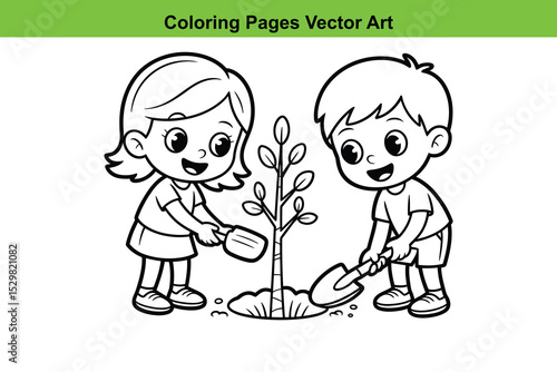 Children planting a tree coloring page vector illustration