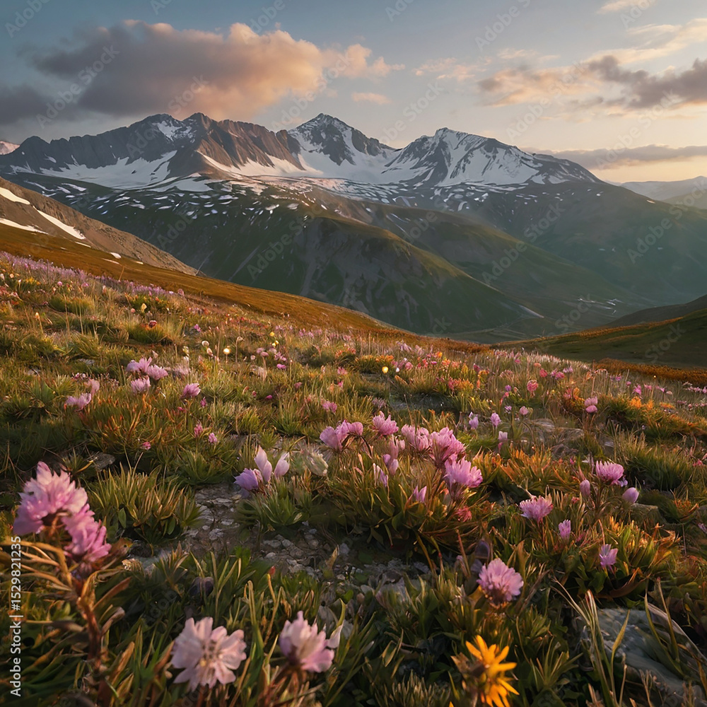 Fototapeta premium Lush Alpine Flower Field with Hare Under Golden Hour’s Vibrant Glow
