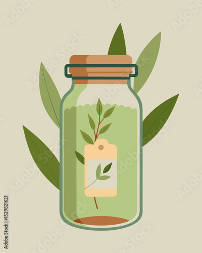 A glass jar with a bamboo lid filled with organic tea leaves and decorated with a biodegradable paper label.. Vector illustration