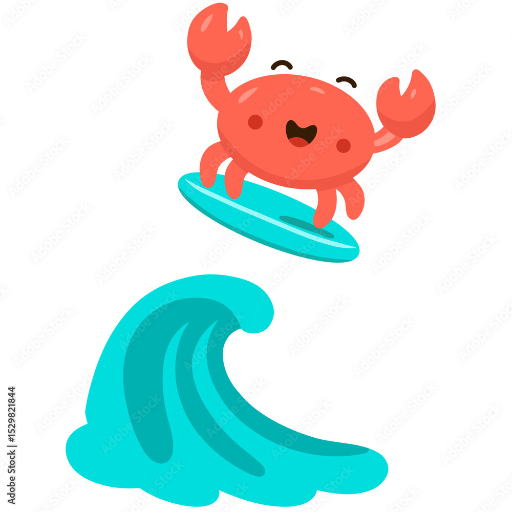 Cheerful Cartoon Crab Surfing on Big Blue Waves for Summer Fun. Suitable for Summer Theme, Beach, Vacation, Ocean, Surfing, Water Sports, Kids Character, Fun Activity, Animal Fun Cheerful Cartoon Crab Surfing on Big Blue Waves for Summer Fun. Suitable for Summer Theme, Beach, Vacation, Ocean, Surfing, Water Sports, Kids Character, Fun Activity, Animal Fun