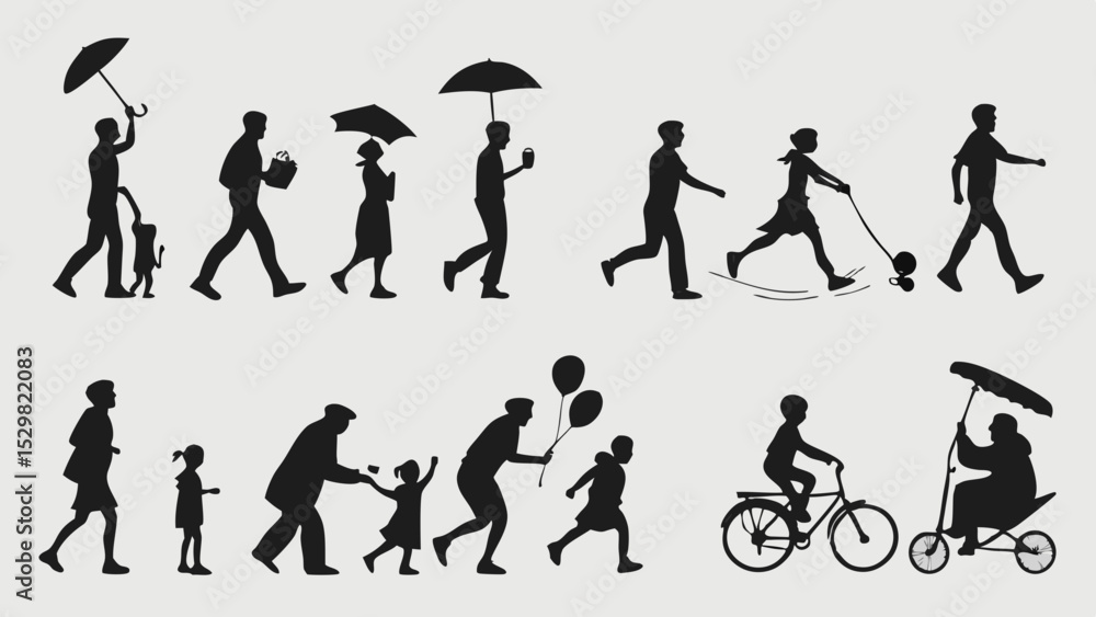 Naklejka premium Silhouettes of people in various activities walking and enjoying daily life