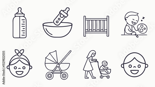 Line art icons representing baby care products and happy children silhouettes
