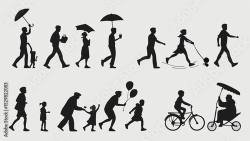 Silhouettes of people in various activities walking and enjoying daily life