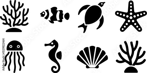 Ocean life vector icons set marine animals sea creatures coral fish turtle jellyfish seahorse shell algae editable stock vector illustration