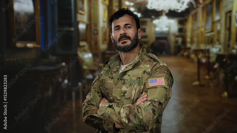 Hispanic man in military uniform with beard stands confidently in art gallery exhibiting cultural paintings and sculptures against a sophisticated museum backdrop. Hispanic man in military uniform with beard stands confidently in art gallery exhibiting cultural paintings and sculptures against a sophisticated museum backdrop.