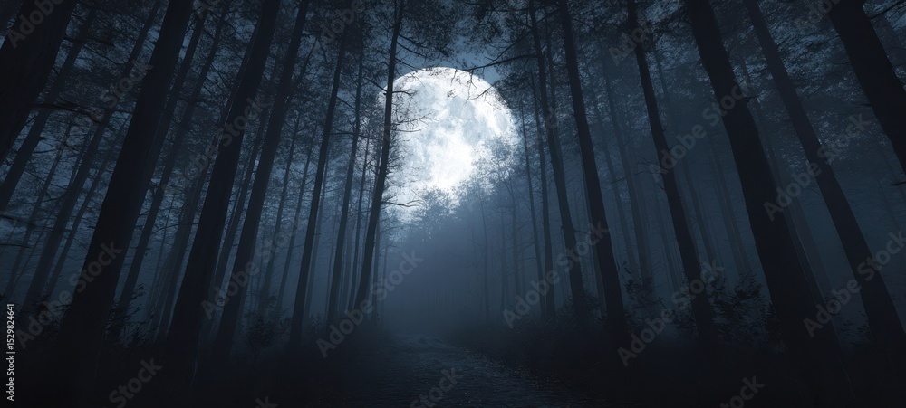 Fototapeta premium The haunting beauty of a moonlit forest path shrouded in fog.