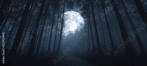 Fototapeta Naklejka Na Ścianę i Meble -  The haunting beauty of a moonlit forest path shrouded in fog.