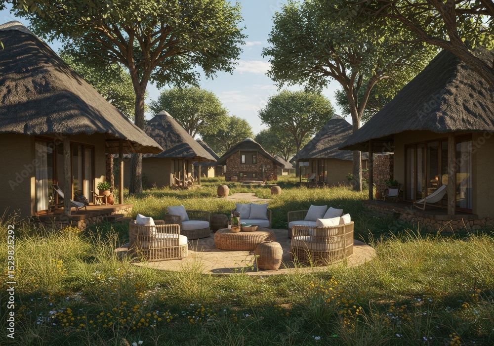 Obraz premium Luxury safari lodge overlooking the vast Serengeti landscape during golden hour. Scenic view of wildlife plains, acacia trees, and open skies in Tanzania.