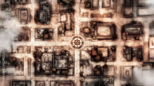 Artistic Aerial View Cityscape with Buildings and Square Fountain