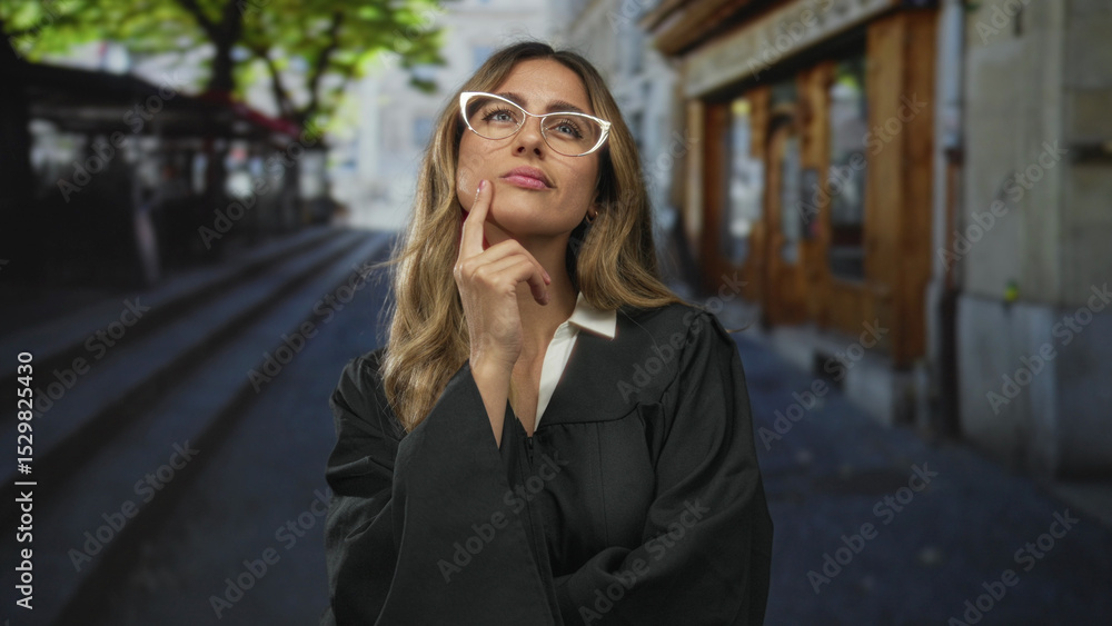 Fototapeta premium Judge woman wearing black judicial robe rests chin on hand on cobblestone plaza; reflection deliberation seriousness.