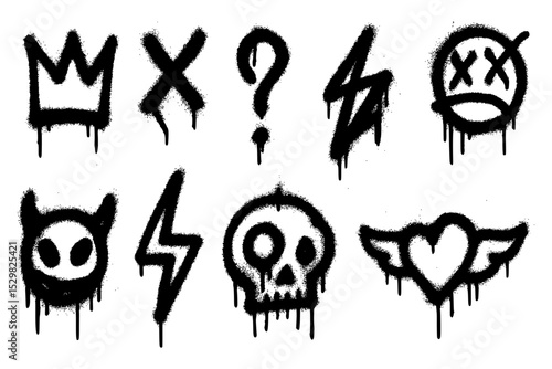 Black graffiti spray symbols set with crown, skull, heart, arrow.
