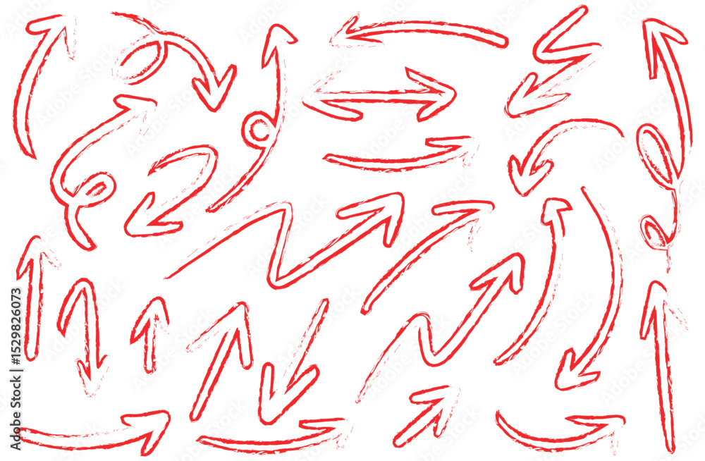 Expressive hand drawn arrow set in sketchy red and black styles, featuring freestyle swirls, bold curves, and dynamic directional brush lines. Expressive hand drawn arrow set in sketchy red and black styles, featuring freestyle swirls, bold curves, and dynamic directional brush lines.