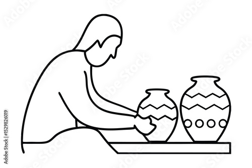 Line drawing of a potter shaping clay pots