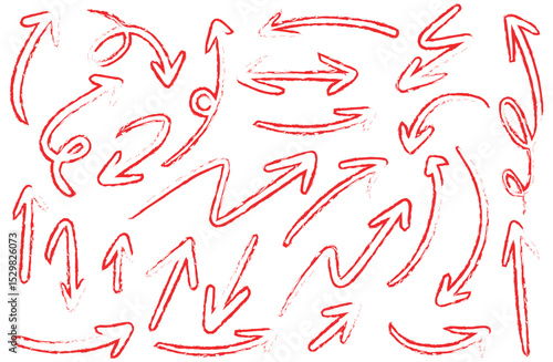 Expressive hand drawn arrow set in sketchy red and black styles, featuring freestyle swirls, bold curves, and dynamic directional brush lines.