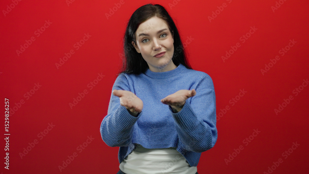 Woman in blue sweater gestures creatively against vibrant red backdrop, expressing elegance and emotion with brunette hair and a confident stance, blending beauty and modern fashion. Woman in blue sweater gestures creatively against vibrant red backdrop, expressing elegance and emotion with brunette hair and a confident stance, blending beauty and modern fashion.