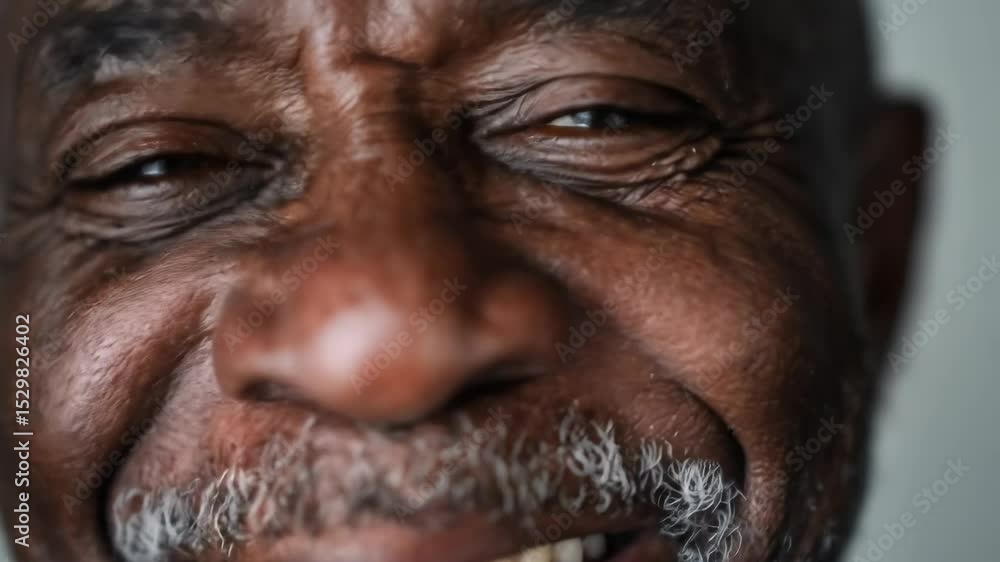 Extreme close-up of an elderly dark-skinned man’s face, focusing on his eyes, nose, and mouth as he smiles gently, conveying warmth and wisdom.
Extreme close-up of an elderly dark-skinned man’s face, focusing on his eyes, nose, and mouth as he smiles gently, conveying warmth and wisdom.