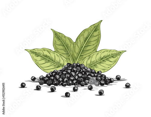 pepper vector illustration. Peppercorn spice. Vintage sketch with plant leaf, grinder mill, spoon. Food seasoning line drawing.draw, glasses, ground, menu, outline, realistic, botanical, drawing,