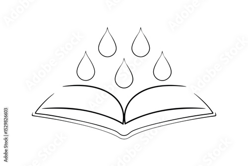 Open book with rain drops line drawing illustration