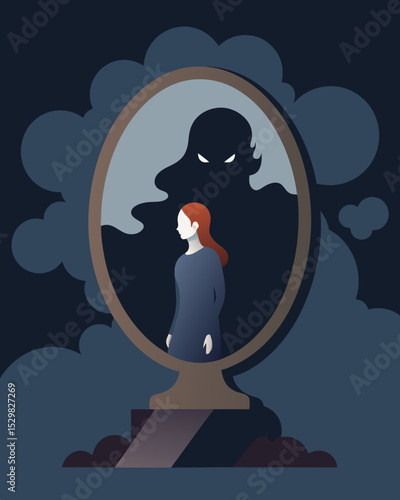My reflection in the mirror is shrouded in a cloud of negativity and toxicity overshadowing any hints of my true self.. Vector illustration