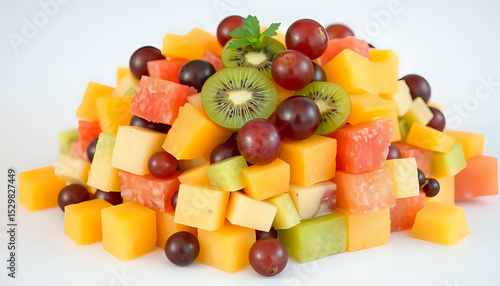 A colorful pile of cubed cantaloupe watermelon kiwi and grapes on a white background surface top