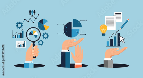 Business Analytics Concepts: A vibrant illustration showcasing key concepts in business analytics, including data analysis, market research, strategic planning and decision-making.
